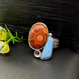 size 9 Fossil Coral with Turquoise Ring - Artisan gemstone ring - Statement Ring - Handcrafted Ring - Gift for woman - OOAK