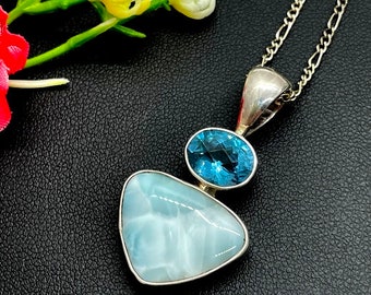 Larimar with Blue Topaz pendant in sterling silver - Artisan handmade pendant - Gift for Woman