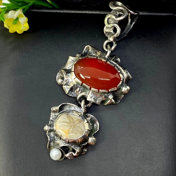 Red Onyx with Fossil and Pearl Pendant is sterling silver - Artisan Handmade Pendant - OOAK