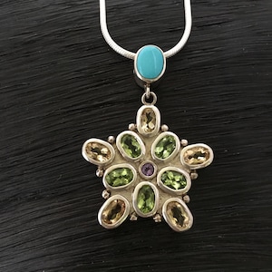 Vintage Peridot Amethyst Citrine wit Turquoise Silver necklace - Handmade gemstone necklace - gift for woman