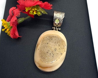 AGATE DRUZY Pendentif, bijoux artisanaux, pierre de guérison, pendentif artisan, argent sterling 925, Cadeau pour elle, cadeau de jour de mères