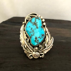 7 1/2 size Turquoise Ring - Navajo Handmade Turquoise Ring - Southwestern Style Ring - Statement Ring - Gift for Woman - Unisex Ring