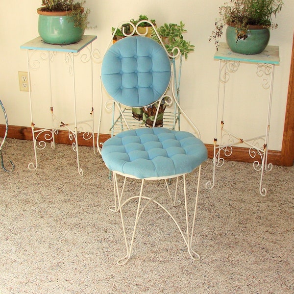 MCM Teena Originals Boudoir Chair / Upholstered Vanity Chair / White Metal Blue Soft Upholstery / Free Shipping