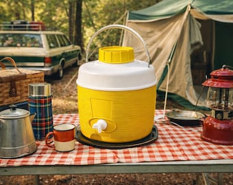 60s 1-Gallon Camping Water Cooler Metal Handle Jug Rare Yellow Color