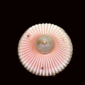 40s Ceiling Light Fixture & Shade / Pink Hobnail With Clear  / 3 Chain / Fast n Free Safe Shipping