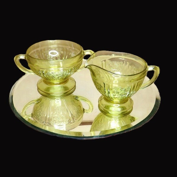 Etched Cream & Sugar Set / Depression Glass Yellow / Fast Safe Free Shipping