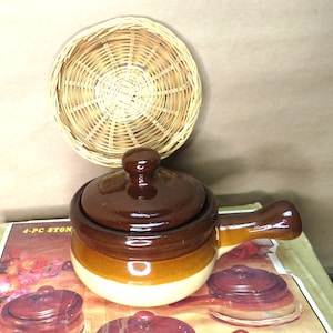 All 4) Stoneware Soup Bowls / 60s Stoneware Soup Handled Bowls & Rattan Bases / Fast Safe Free Shipping