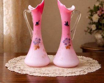 Victorian Pink Satin Glass Ewer Vases, Enamel Painted Pair