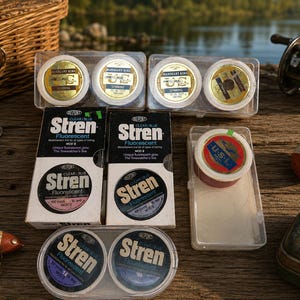 May include: A collection of Stren fishing line spools in clear plastic cases, including boxes labeled Stren Fluorescent Clear/Blue, Mahogany King spinning line spools, and a U.S.L. spool, alongside a fishing lure, a bobber, and a vintage fishing reel.