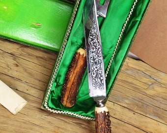 Stag German Carving Knife Set / Engraved Anton Wingen Jr Solingen Germany Rostfrei / Fast Safe Free Shipping