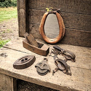All 6 Misc Farm Tools, Traps, Mirror,  Rustic Cabin Decor