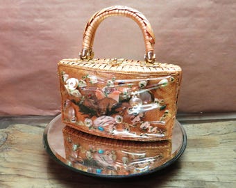 Vintage 1960s Wood Box Purse | Lacquered Floral Octagon Handbag