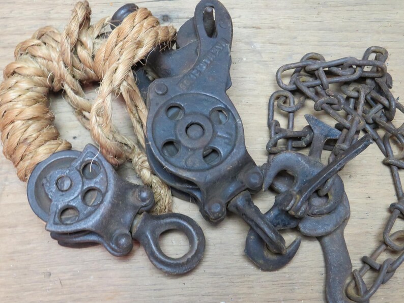 Vintage Metal Block and Tackle With Rope - Farm Barn Pulley Hoist ...