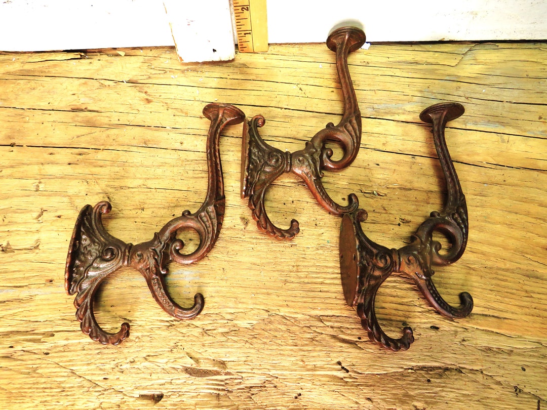 All 3 Coat & Hat Hooks / Older Vintage Steel Ornate Hooks / Fast, Free