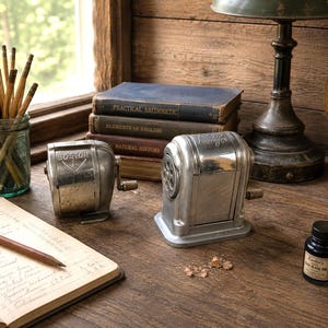 May include: A vintage desk scene featuring two silver pencil sharpeners, a jar of pencils, and a stack of old books. A globe, ink bottle, and a desk lamp are also visible. The scene is set on a wooden desk.