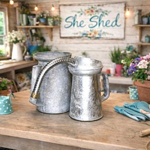 Vintage Galvanized Watering Cans, Garden Planters - Set of 2
