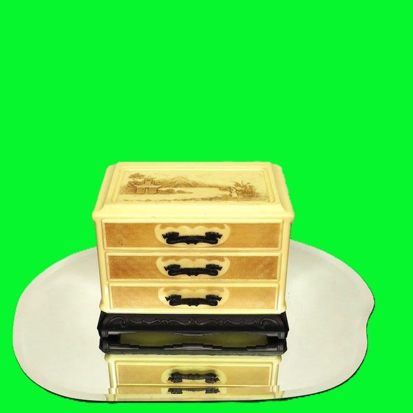 1950's Asian Jewelry Box / 3 Drawer Quality Plastic / Dragon Handles / Fast Safe Free Shipping.