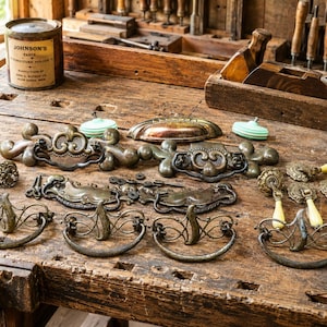 May include: A collection of assorted vintage metal drawer pulls and cabinet hardware featuring ornate brass and bronze finishes, including swing handles, bail pulls, and decorative knobs with various intricate scrollwork and floral patterns.