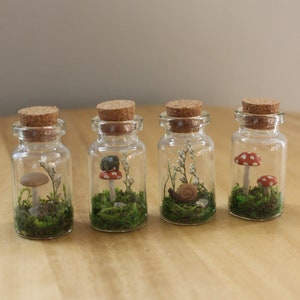 Tiny Jar Terrariums with Dried Moss and Clay Figures for Nature Lovers!