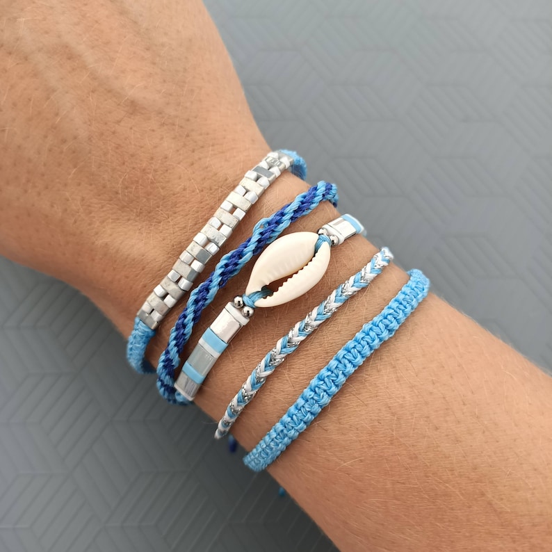 miyuki cawry boho macrame yoga kumihimo craft gift Set of 5 bracelets blue surfstyle wrap style