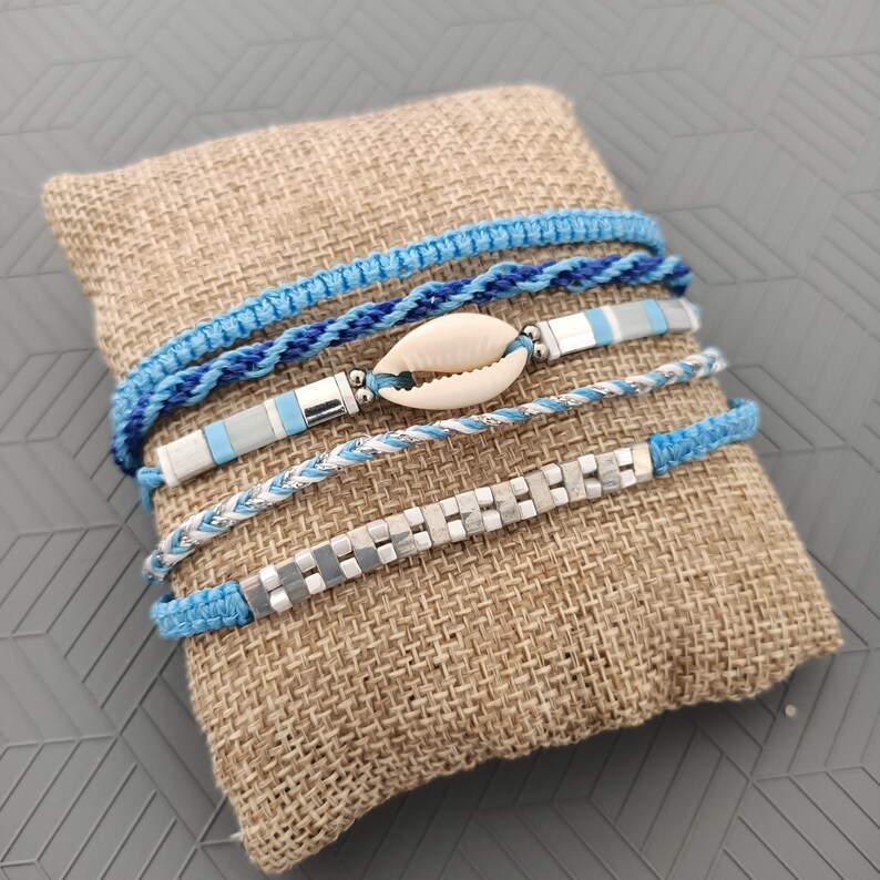 miyuki cawry boho macrame yoga kumihimo craft gift Set of 5 bracelets blue surfstyle wrap style