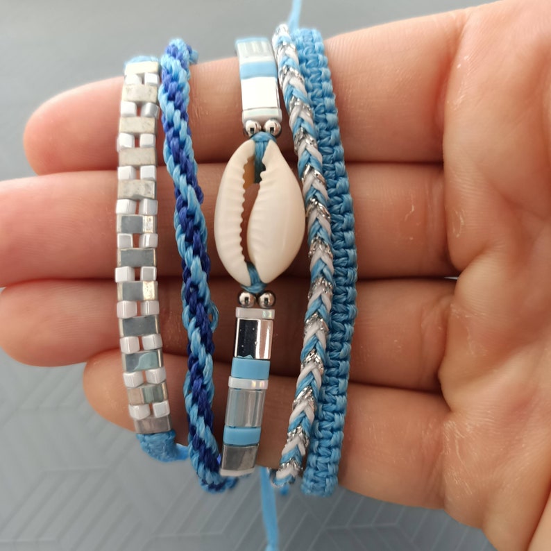 miyuki cawry boho macrame yoga kumihimo craft gift Set of 5 bracelets blue surfstyle wrap style