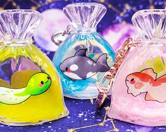 Fish Bag Liquid Filled Shaker Charms - Goldfish, Orca, Tadpole, Coelacanth, Shark, Betta