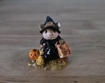 Wee Forest Folk Halloween Witchy Boo Figurine w Candy Bucket and Broom, M-120.  Annette Petersen Signed.
