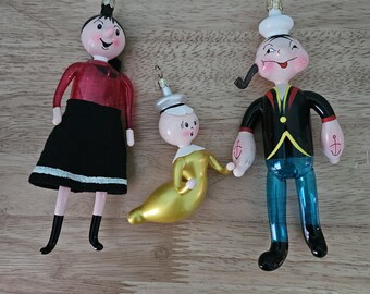 Italian Glass De Carlini Popeye, Olive Oyl and Sweet Pea Ornaments with Tags