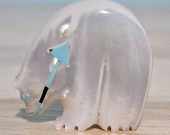 Zuni Mother of Pearl Bear Maiden Fetish Hand Carved Turquoise Inlay Heartline 1"