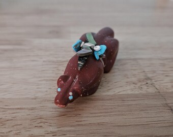 Zuni Carved Pipestone Fetish with Turquoise Inlaid Eyes 3.5"
