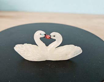Hubert Pincion Signed Zuni Fetish Hand Carved 2 Swans Kissing w/Stone Inlays 3"