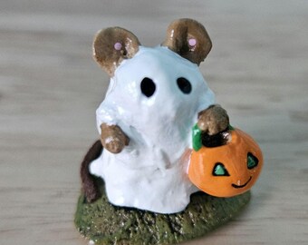 Wee Forest Folk Little Ghost Signed Figurine, Halloween Mouse Pumpkin Bucket