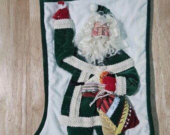 House of Hatten 3D Ceramic Faced Green Christmas Stocking Vintage 18"