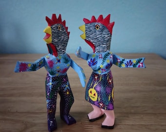 Oaxacan Wood Carved Dancing Chickens, Signed Ventura Fabian, Mexican Folk Art