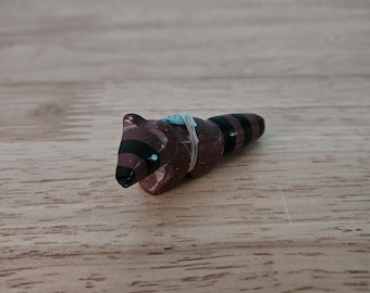 Raccoon Zuni Fetish Carving with Turquoise Inlaid Eyes - Signed