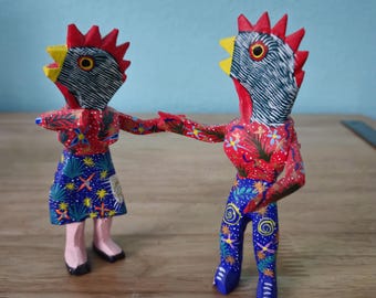 Oaxacan Wood Carved Dancing Chickens, Signed Ventura Fabian, Mexican Folk Art
