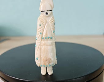 Native Zuni Antler Corn Maiden Fetish Hand Carved w/Turquoise Inlay - Gift Box Available