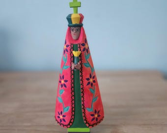 Hand Carved Virgin of Guadalupe Wood Figurine, Oaxacan Religious