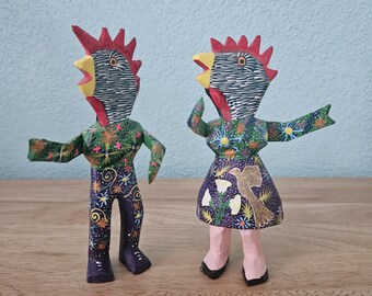 Oaxacan Wood Carved Dancing Chickens, Signed Ventura Fabian, Mexican Folk Art