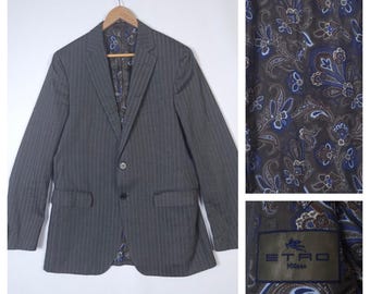 Etro Striped Blazer Linen Cotton Paisley Silk Lining Mens size 56L