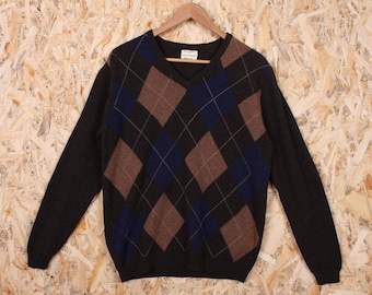 William Lockie Wool Sweater Argyl V-neck made in Scotland size L