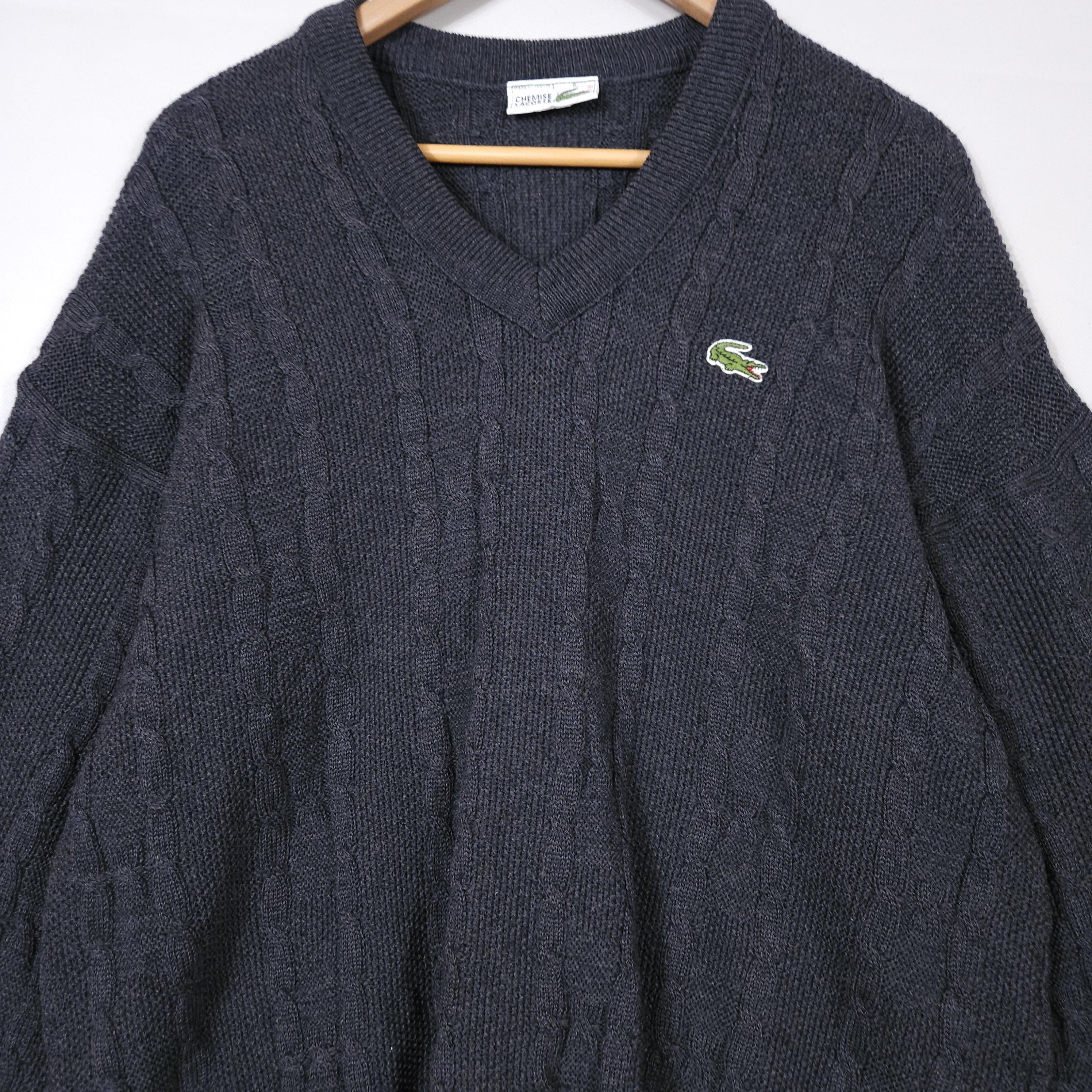 Vintage Chemise Lacoste Cable Knit Sweater Wool V-neck Made in 