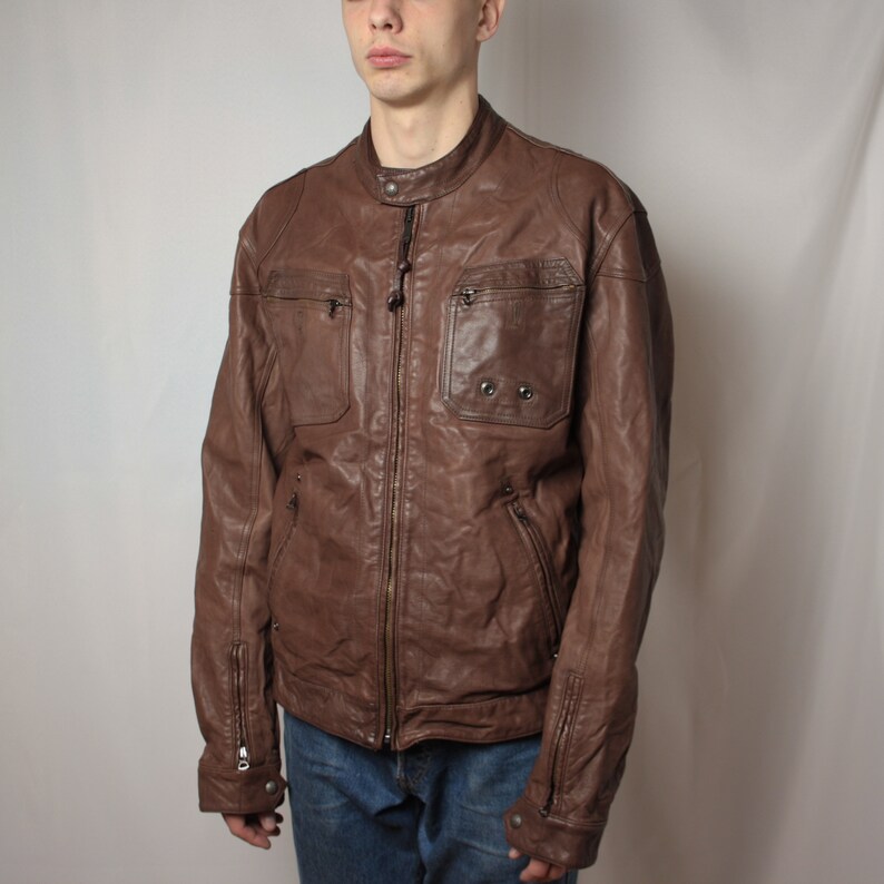 Levis Mens Leather Jacket Brown Biker Etsy