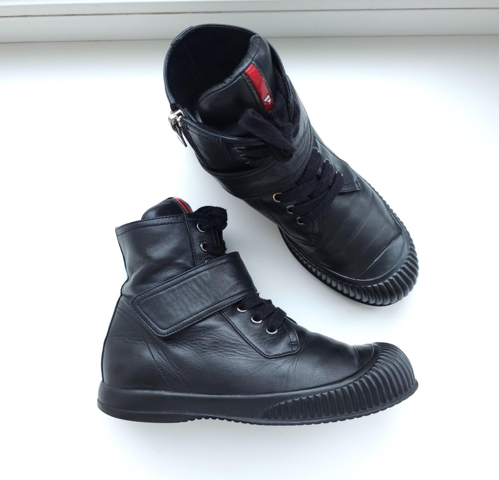 Prada Boots High Top Zipper Lace up Red Tab Leather EUR 37,5 