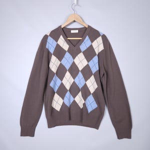 Gran Sasso Sweater Wool Cashmere V-neck Argyle made in Italy Mens size 50/M