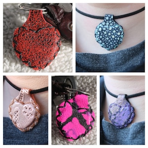 Patterned / Textured Leather Heart Shaped Keychain or Pendant Necklace - Handmade Jewelry - Unique Valentine's Day Gift for Her