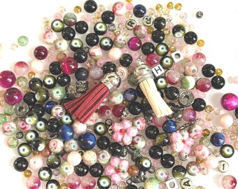 Enchanted Noir Bloom Bead Mix | Dark Floral Luxe Charm Mix | 4oz Specialty Glass, Pearls, Charm Tassels with alphabet beads. Jewelry making