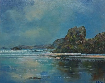 Porthcothan Reflections - North Cornwall - Beach and Cliff- Looking East - Original Oil by Richard E Bennett