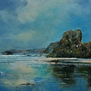 May include: A painting depicting a rocky coastline with a blue sky and calm water. The water reflects the sky and the rocks. The painting is executed in a realistic style.